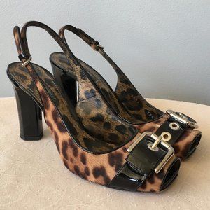 Dolce&Gabbana Leopard & Black Peep-Toe Slingback Pumps [size 38.5]